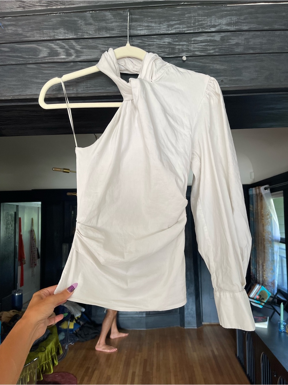 Zara White Asymmetrical One-Sleeve Twist-Neck Top